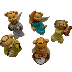 Set of 5 Angel Bear Figurines Playing Musical Instruments and Holding Symbols